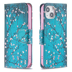 Coque Portefeuille Fleurs Livre Cuir Etui Clapet L01 pour Apple iPhone 14 Cyan