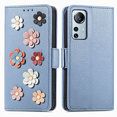 Coque Portefeuille Fleurs Livre Cuir Etui Clapet L01 pour Xiaomi Mi 12 Pro 5G Bleu