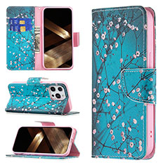 Coque Portefeuille Fleurs Livre Cuir Etui Clapet L02 pour Apple iPhone 15 Pro Cyan