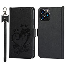 Coque Portefeuille Fleurs Livre Cuir Etui Clapet L16 pour Apple iPhone 13 Pro Noir