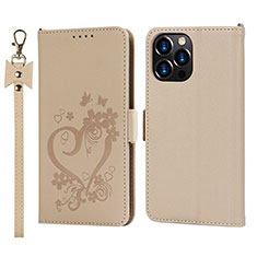 Coque Portefeuille Fleurs Livre Cuir Etui Clapet L16 pour Apple iPhone 13 Pro Or