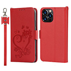 Coque Portefeuille Fleurs Livre Cuir Etui Clapet L16 pour Apple iPhone 13 Pro Rouge