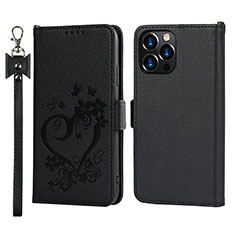 Coque Portefeuille Fleurs Livre Cuir Etui Clapet L16 pour Apple iPhone 15 Pro Max Noir