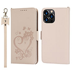 Coque Portefeuille Fleurs Livre Cuir Etui Clapet L16 pour Apple iPhone 15 Pro Max Or Rose