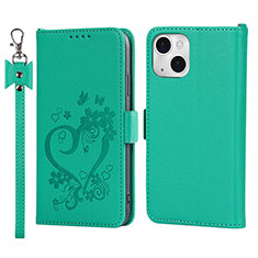 Coque Portefeuille Fleurs Livre Cuir Etui Clapet L16 pour Apple iPhone 15 Vert