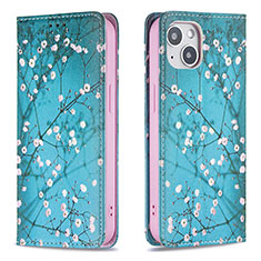 Coque Portefeuille Fleurs Livre Cuir Etui Clapet pour Apple iPhone 14 Plus Cyan