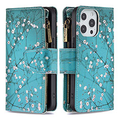 Coque Portefeuille Fleurs Livre Cuir Etui Clapet pour Apple iPhone 14 Pro Cyan