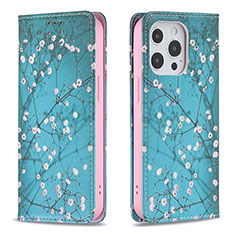 Coque Portefeuille Fleurs Livre Cuir Etui Clapet pour Apple iPhone 15 Pro Bleu Ciel