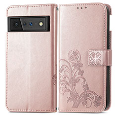 Coque Portefeuille Fleurs Livre Cuir Etui Clapet pour Google Pixel 6 Pro 5G Or Rose