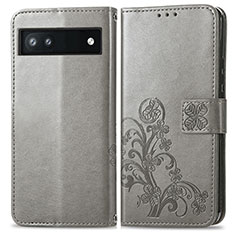 Coque Portefeuille Fleurs Livre Cuir Etui Clapet pour Google Pixel 6a 5G Gris