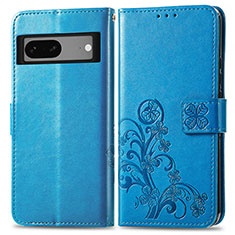 Coque Portefeuille Fleurs Livre Cuir Etui Clapet pour Google Pixel 7 5G Bleu