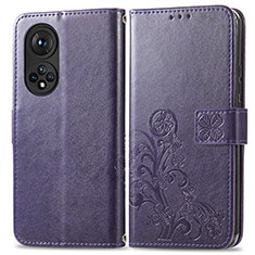 Coque Portefeuille Fleurs Livre Cuir Etui Clapet pour Huawei Honor 50 5G Violet