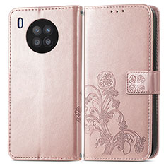 Coque Portefeuille Fleurs Livre Cuir Etui Clapet pour Huawei Honor 50 Lite Or Rose