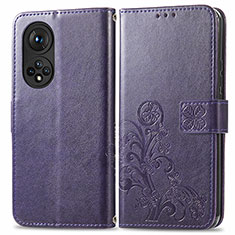 Coque Portefeuille Fleurs Livre Cuir Etui Clapet pour Huawei Honor 50 Pro 5G Violet