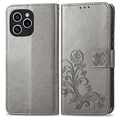 Coque Portefeuille Fleurs Livre Cuir Etui Clapet pour Huawei Honor 60 SE 5G Gris