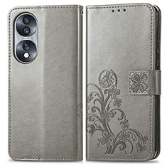 Coque Portefeuille Fleurs Livre Cuir Etui Clapet pour Huawei Honor 70 5G Gris