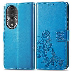 Coque Portefeuille Fleurs Livre Cuir Etui Clapet pour Huawei Honor 80 5G Bleu