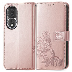 Coque Portefeuille Fleurs Livre Cuir Etui Clapet pour Huawei Honor 80 5G Or Rose