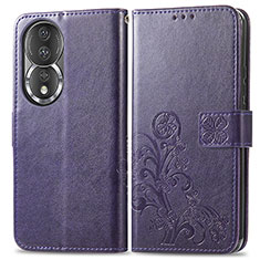 Coque Portefeuille Fleurs Livre Cuir Etui Clapet pour Huawei Honor 80 5G Violet