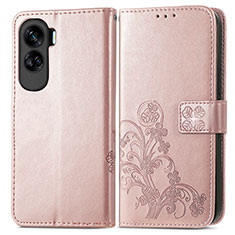 Coque Portefeuille Fleurs Livre Cuir Etui Clapet pour Huawei Honor 90 Lite 5G Or Rose