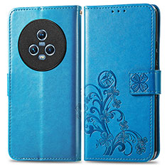 Coque Portefeuille Fleurs Livre Cuir Etui Clapet pour Huawei Honor Magic5 5G Bleu