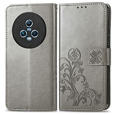 Coque Portefeuille Fleurs Livre Cuir Etui Clapet pour Huawei Honor Magic5 5G Gris