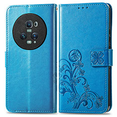 Coque Portefeuille Fleurs Livre Cuir Etui Clapet pour Huawei Honor Magic5 Pro 5G Bleu