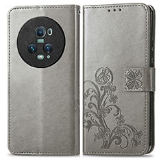 Coque Portefeuille Fleurs Livre Cuir Etui Clapet pour Huawei Honor Magic5 Pro 5G Gris