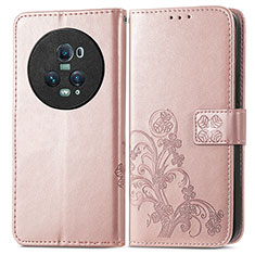 Coque Portefeuille Fleurs Livre Cuir Etui Clapet pour Huawei Honor Magic5 Pro 5G Or Rose