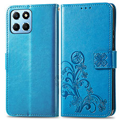 Coque Portefeuille Fleurs Livre Cuir Etui Clapet pour Huawei Honor X6 Bleu