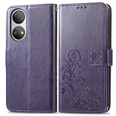 Coque Portefeuille Fleurs Livre Cuir Etui Clapet pour Huawei Honor X7 Violet