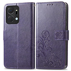 Coque Portefeuille Fleurs Livre Cuir Etui Clapet pour Huawei Honor X7a Violet