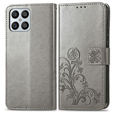 Coque Portefeuille Fleurs Livre Cuir Etui Clapet pour Huawei Honor X8 4G Gris