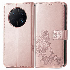 Coque Portefeuille Fleurs Livre Cuir Etui Clapet pour Huawei Mate 50 Pro Or Rose