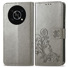 Coque Portefeuille Fleurs Livre Cuir Etui Clapet pour Huawei Nova Y90 Gris