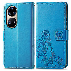 Coque Portefeuille Fleurs Livre Cuir Etui Clapet pour Huawei P50 Bleu