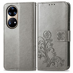 Coque Portefeuille Fleurs Livre Cuir Etui Clapet pour Huawei P50 Gris