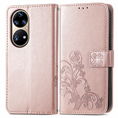 Coque Portefeuille Fleurs Livre Cuir Etui Clapet pour Huawei P50e Rose