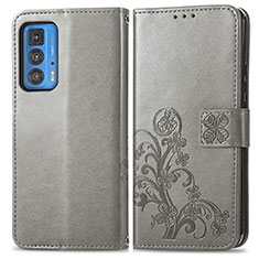 Coque Portefeuille Fleurs Livre Cuir Etui Clapet pour Motorola Moto Edge 20 Pro 5G Gris