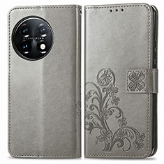 Coque Portefeuille Fleurs Livre Cuir Etui Clapet pour OnePlus 11 5G Gris