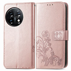 Coque Portefeuille Fleurs Livre Cuir Etui Clapet pour OnePlus 11 5G Or Rose