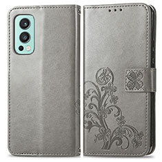 Coque Portefeuille Fleurs Livre Cuir Etui Clapet pour OnePlus Nord 2 5G Gris