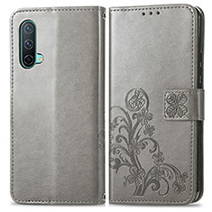 Coque Portefeuille Fleurs Livre Cuir Etui Clapet pour OnePlus Nord CE 5G Gris