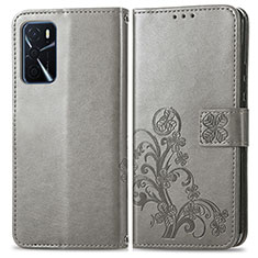 Coque Portefeuille Fleurs Livre Cuir Etui Clapet pour Oppo A16 Gris