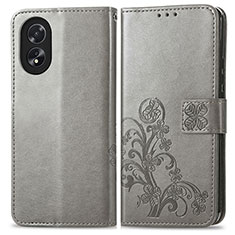 Coque Portefeuille Fleurs Livre Cuir Etui Clapet pour Oppo A18 Gris