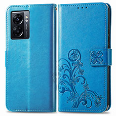 Coque Portefeuille Fleurs Livre Cuir Etui Clapet pour Oppo A57 5G Bleu