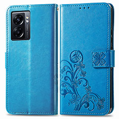 Coque Portefeuille Fleurs Livre Cuir Etui Clapet pour Oppo A77 5G Bleu