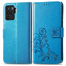 Coque Portefeuille Fleurs Livre Cuir Etui Clapet pour Oppo F19 Pro Bleu