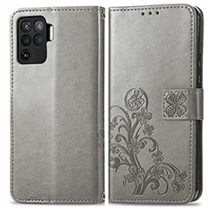 Coque Portefeuille Fleurs Livre Cuir Etui Clapet pour Oppo F19 Pro Gris