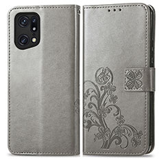 Coque Portefeuille Fleurs Livre Cuir Etui Clapet pour Oppo Find X5 Pro 5G Gris